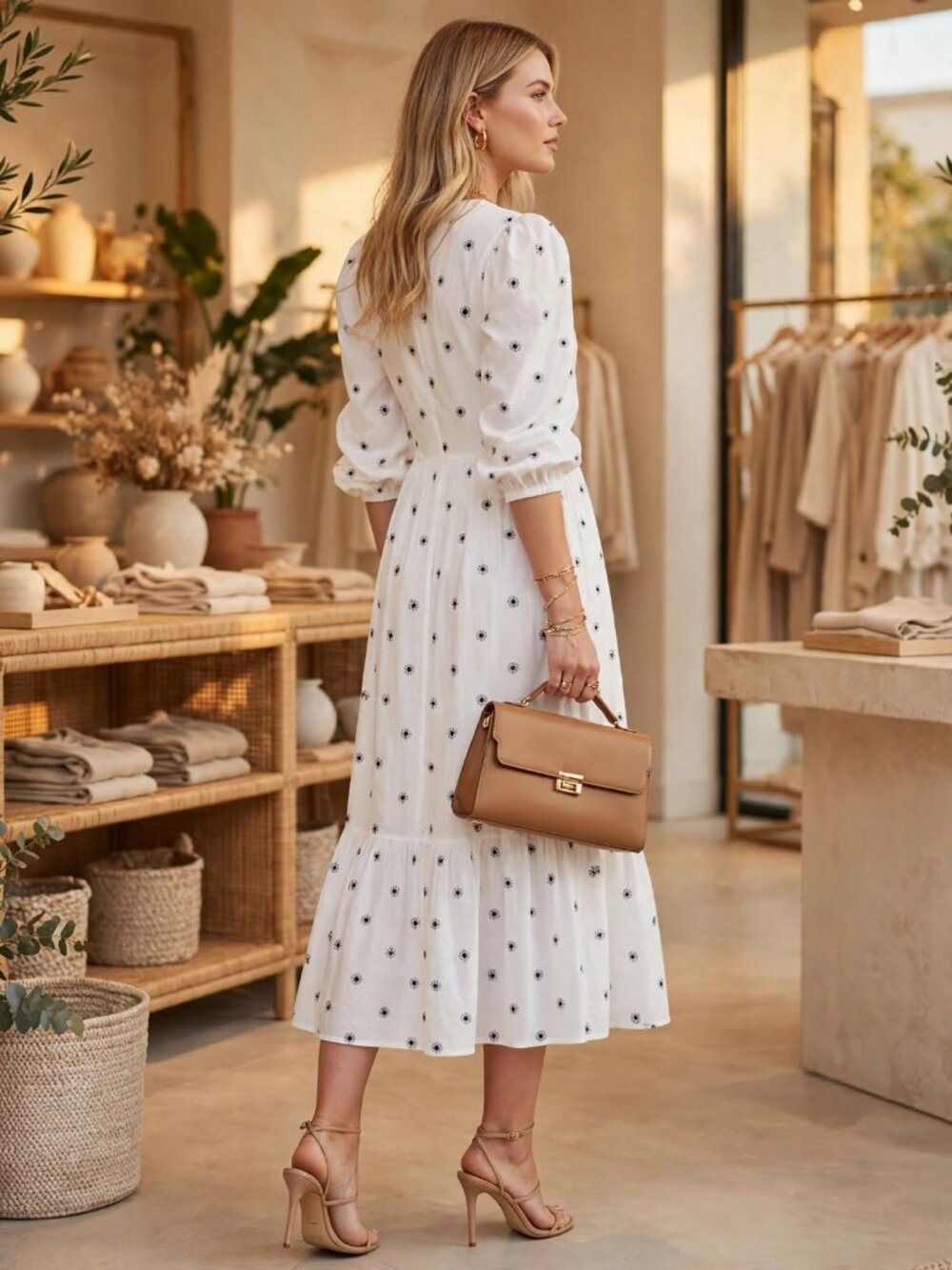 Zara White Midi Dress with Black Dot Print